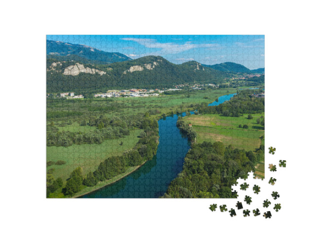 Puzzle 1000 pezzi „Vista della valle del fiume Adda durante una giornata di sole, Airuno, Provincia di Lecco, Lombardia“