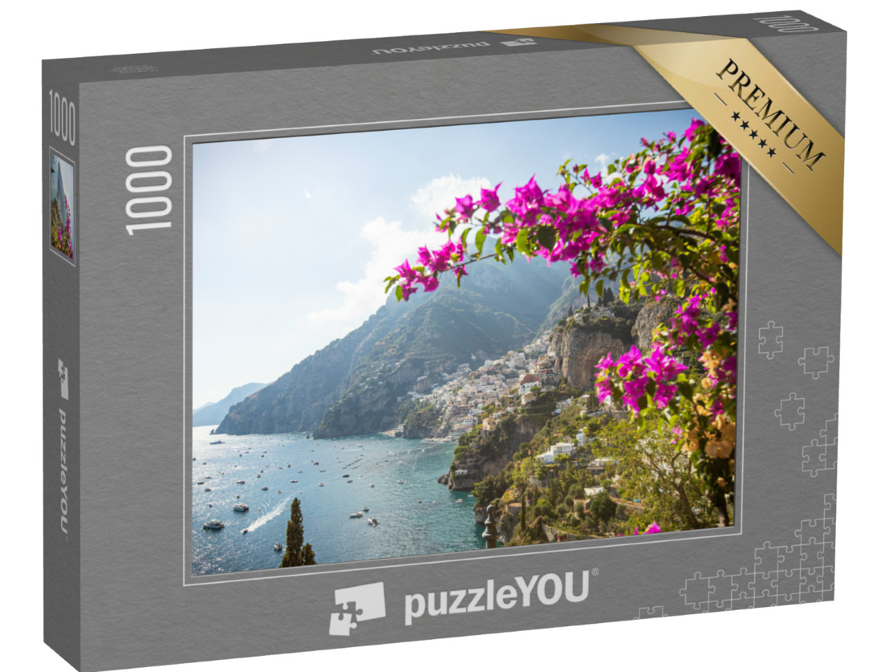 Puzzle 1000 pezzi „La città di Positano vista da lontano. Con fiori rosa.“