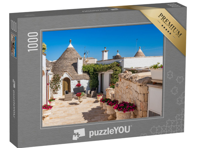 Puzzle 1000 pezzi „Famosa casa a trullo tradizionale in pietra a secco con tetto conico ad Alberobello“