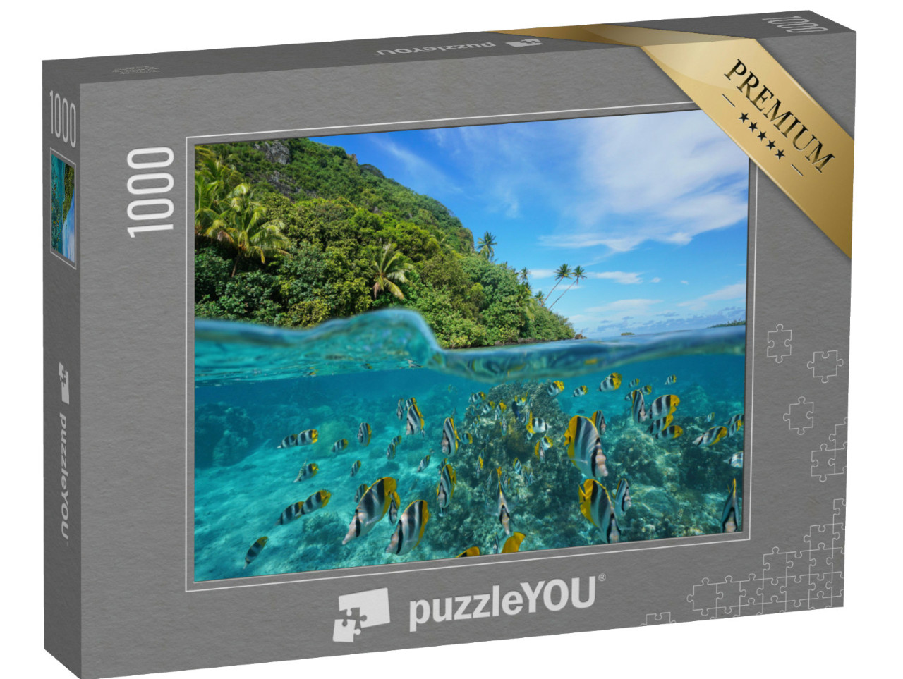 Puzzle 1000 pezzi „Pesci tropicali sopra e sotto l'acqua, Huahine, Oceano Pacifico“