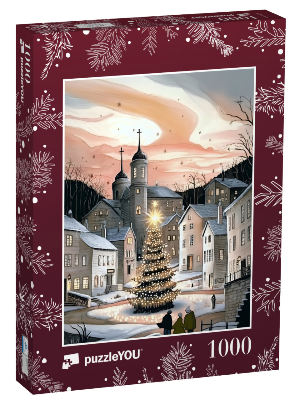 Puzzle 1000 pezzi „L'albero di Natale risplende nella piazza del paese“