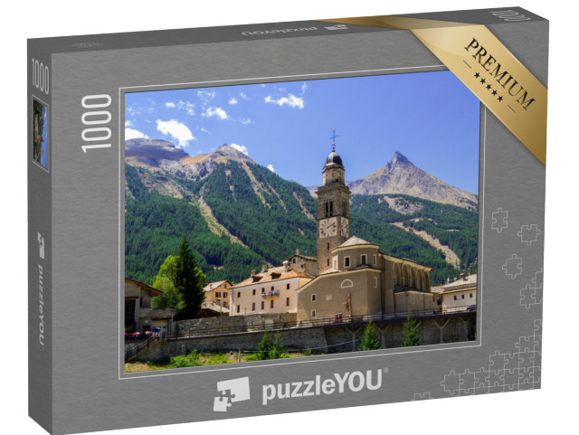 Puzzle 1000 pezzi „Veduta della Chiesa di Sant'Orso a Cogne, in Valle d'Aosta, Italia settentrionale.“