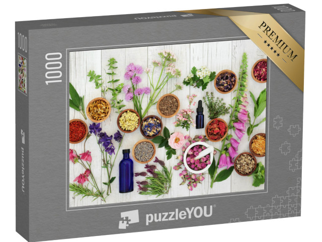 Puzzle 1000 pezzi „Selezione di erbe e fiori in ciotole di legno“