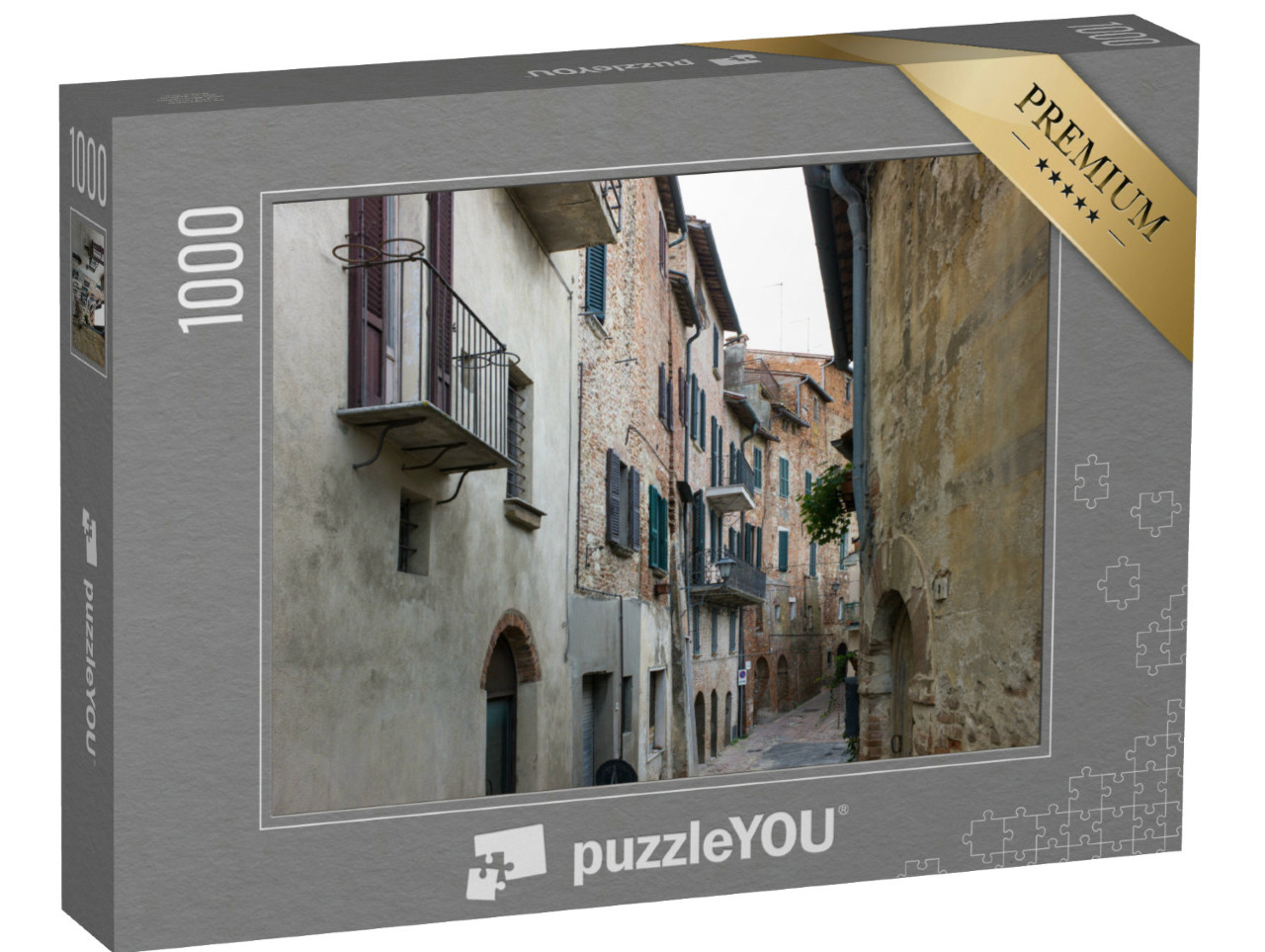 Puzzle 1000 pezzi „Vicolo stretto con vecchie case con balconi e persiane a Montepulciano, Italia“