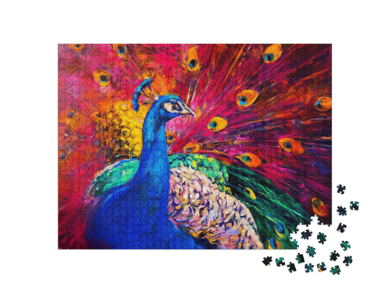 Puzzle 1000 pezzi „Dipinto ad olio originale su tela: pavone multicolore“