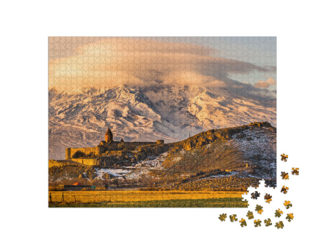 Puzzle 1000 pezzi „Vista panoramica del Monte Ararat con il monastero di Khor Virap, Armenia.“