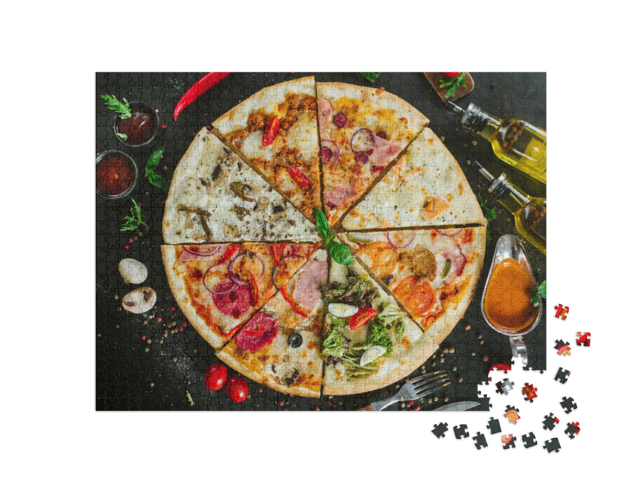 Puzzle 1000 pezzi „Varie fette di una pizza grande“
