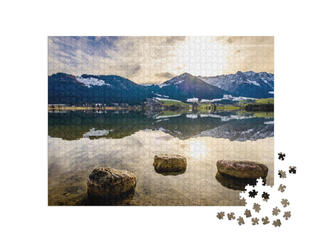 Puzzle 1000 pezzi „Wilder Kaiser e Zahmer Kaiser sul lago Walchsee in Austria“