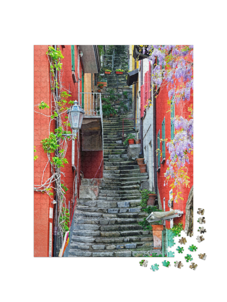 Puzzle 1000 pezzi „Varenna, provincia di Lecco, Lombardia - strada stretta e colorata nella parte storica della città“