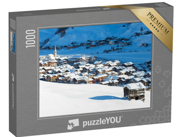 Puzzle 1000 pezzi „Villaggio illuminato dal sole dopo una nevicata, Livigno, Valtellina, Lombardia, Italia, Europa“
