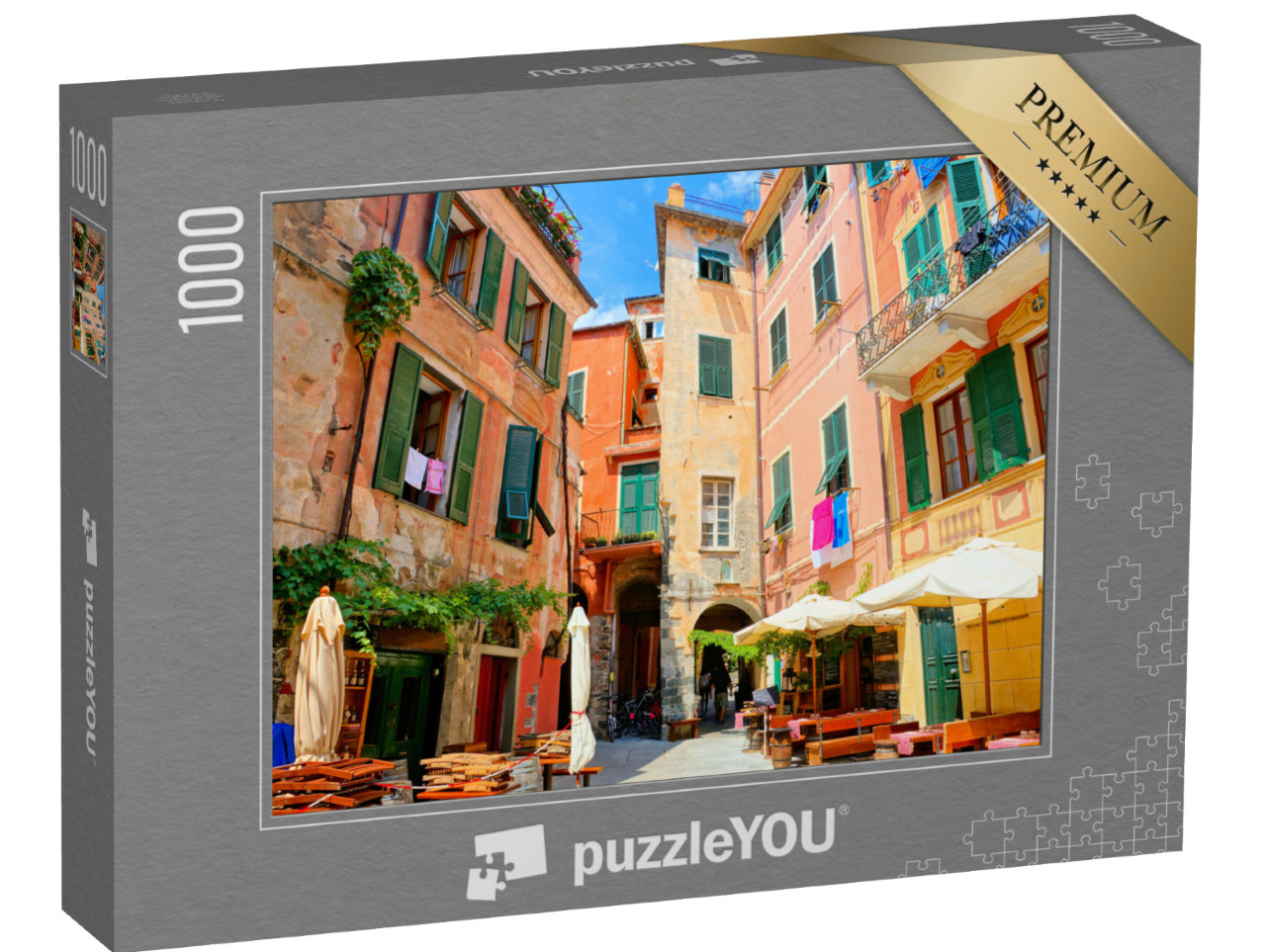 Puzzle 1000 pezzi „Piazza colorata con tavoli da ristorante nel villaggio delle Cinque Terre di Monterosso, Italia“