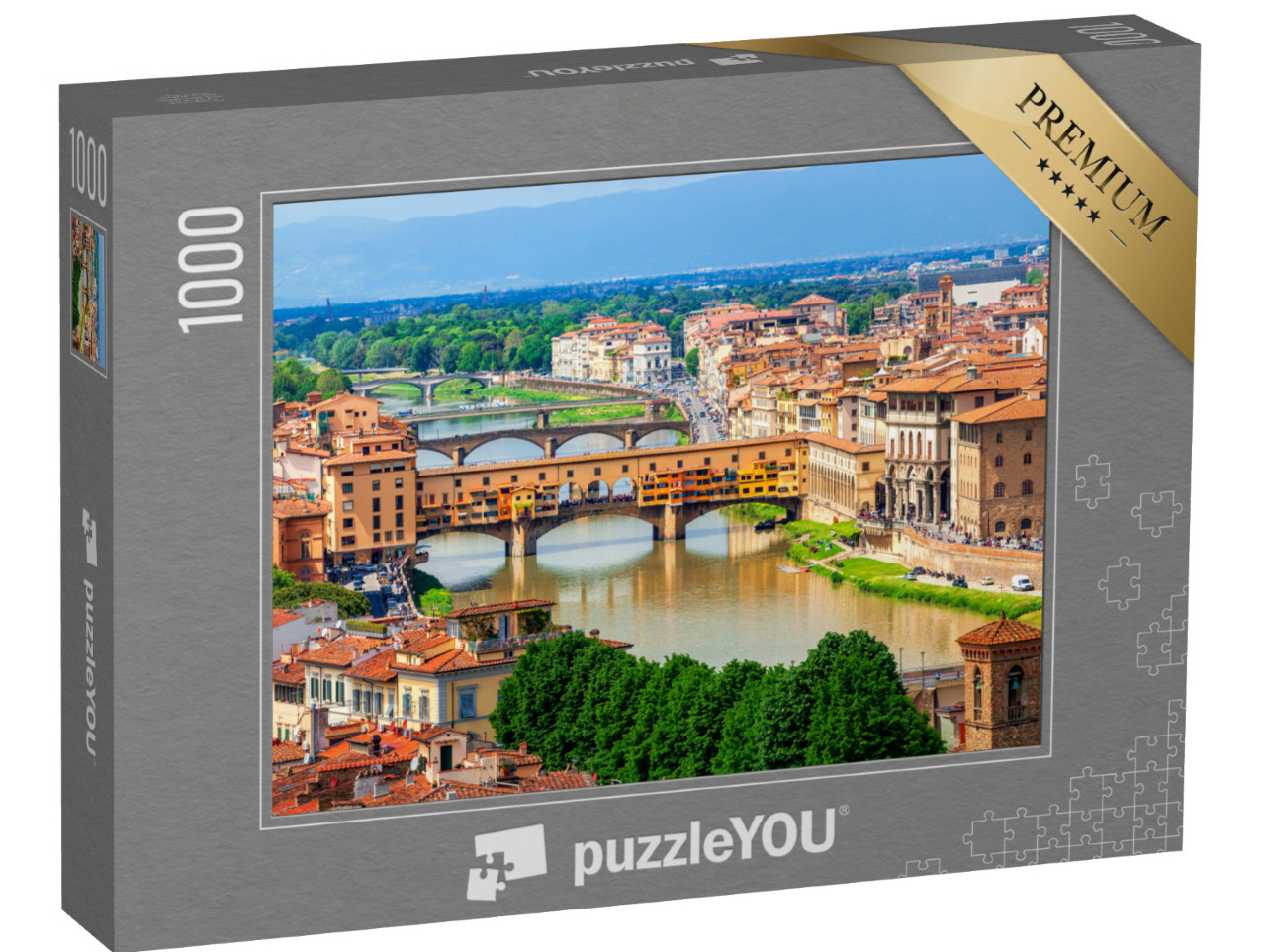 Puzzle 1000 pezzi „Vista panoramica del ponte medievale in pietra Ponte Vecchio sul fiume Arno a Firenze, in Toscana“