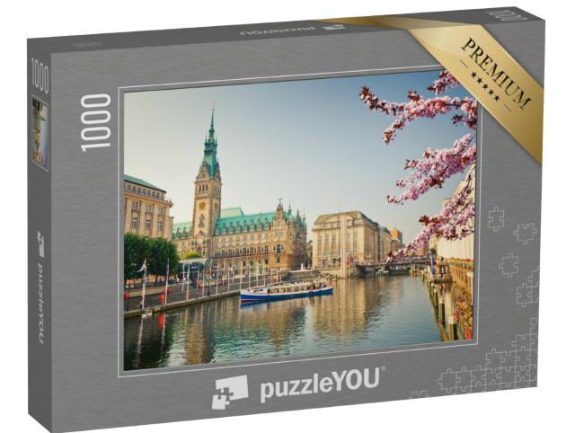 Puzzle 1000 pezzi „Il municipio di Amburgo e l'Alster in primavera“