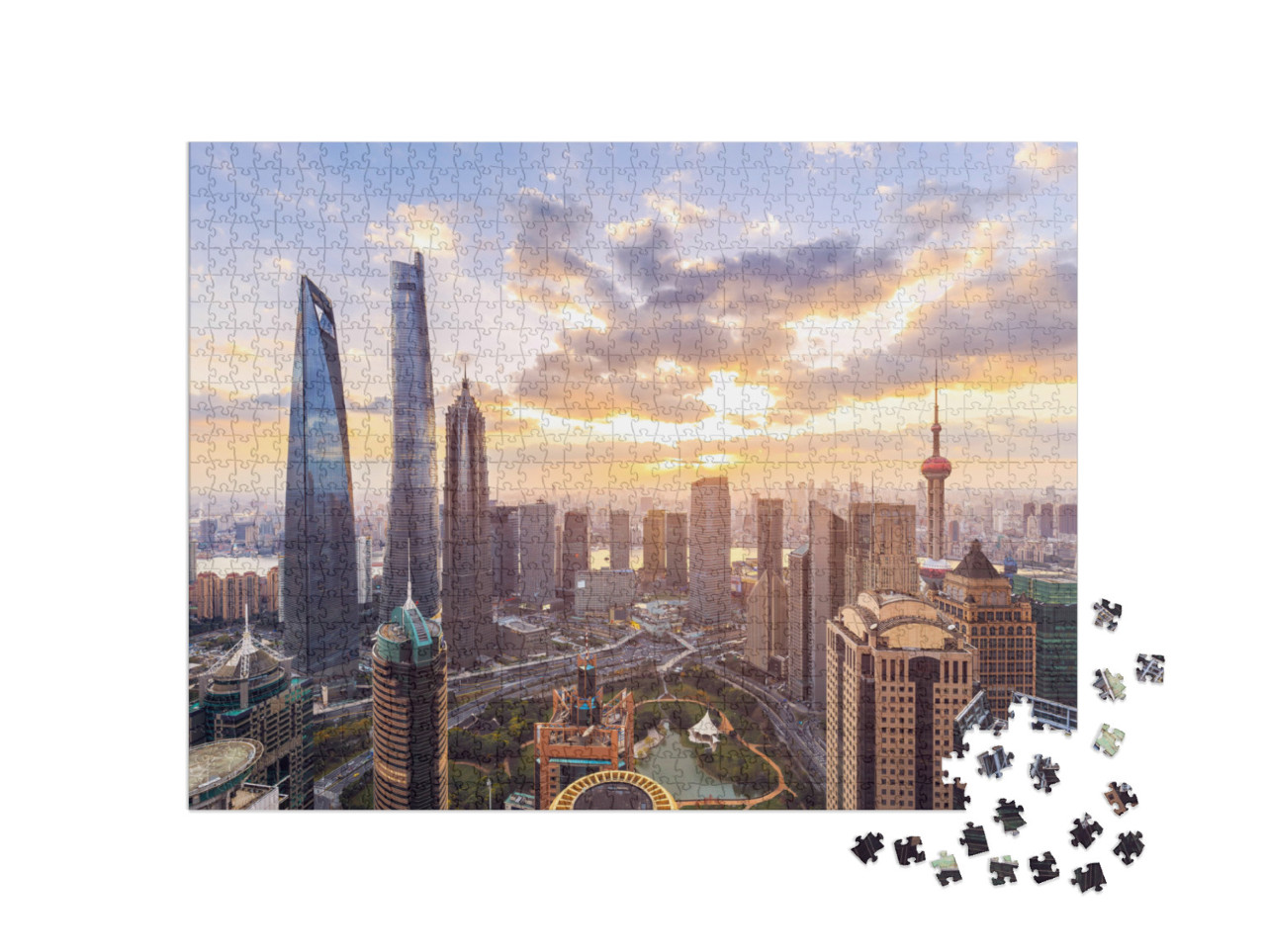 Puzzle 1000 pezzi „Lo skyline di Shanghai e il paesaggio urbano al tramonto“