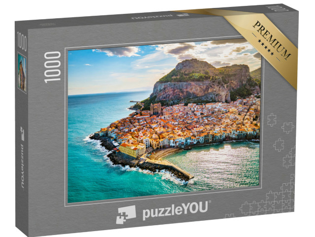 Puzzle 1000 pezzi „Il centro storico di Cefalù al tramonto, borgo medievale sull'isola di Sicilia, Italia“