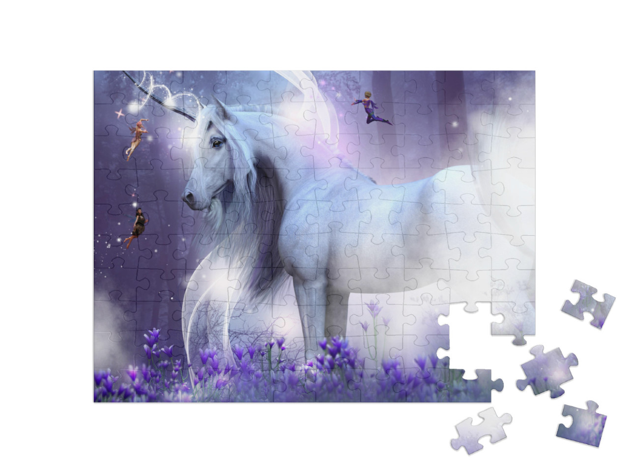 Puzzle 100 pezzi „Maestoso unicorno con tre incantevoli fatine“