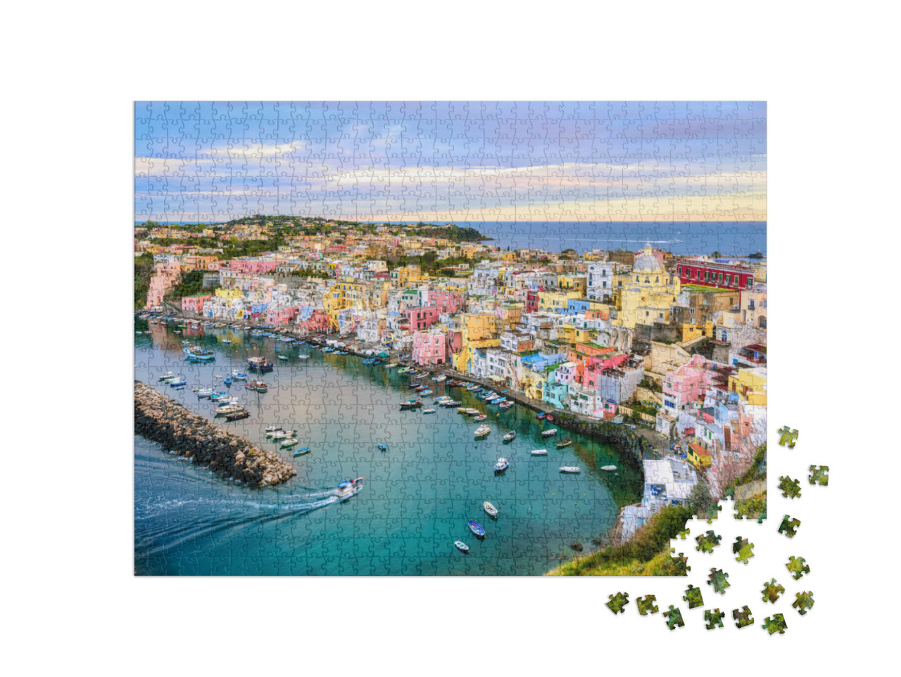 Puzzle 1000 pezzi „Isola di Procida, Napoli, Italia, case colorate nel porto di Marina di Corricella alla luce dell'alba“
