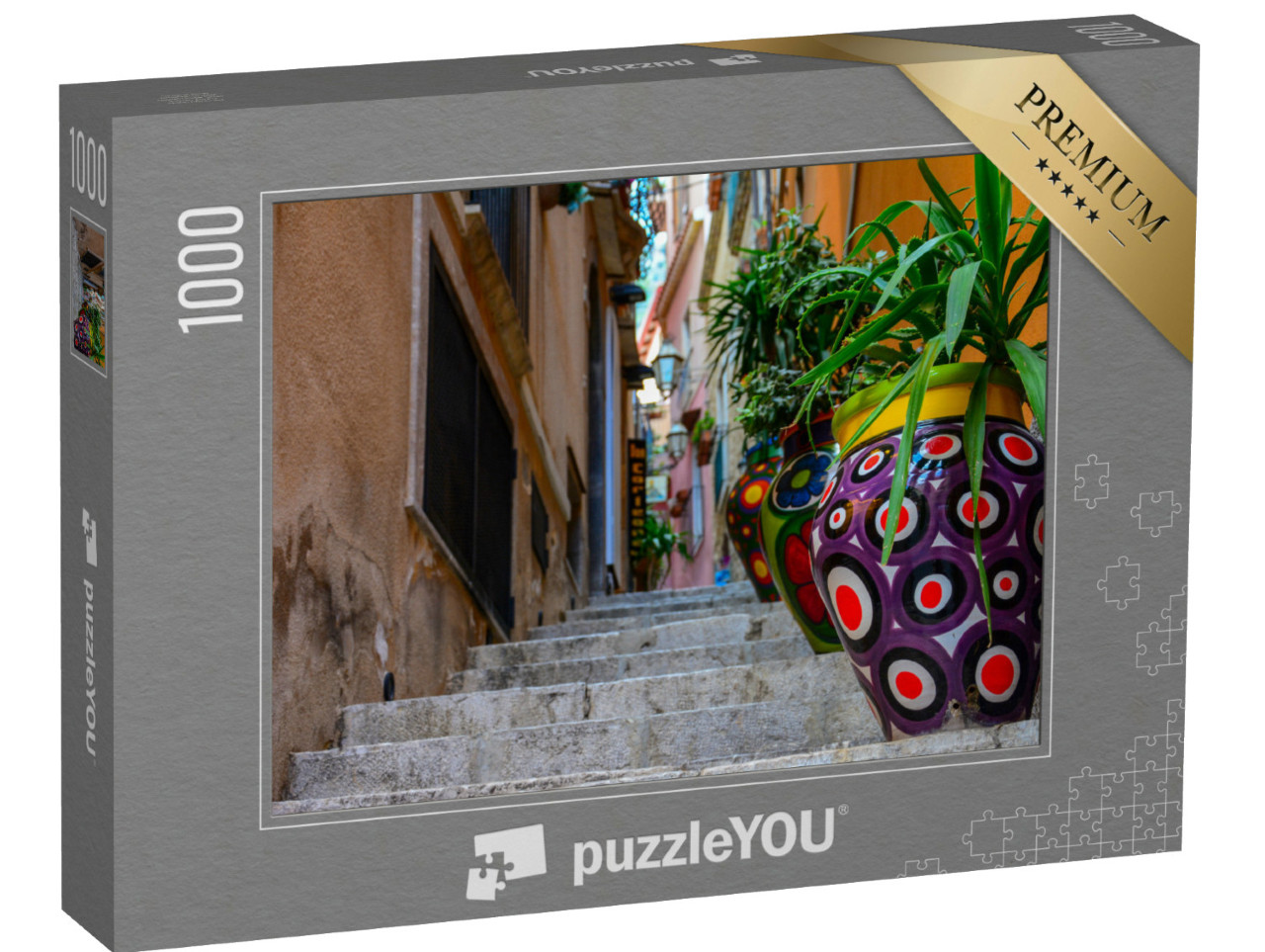Puzzle 1000 pezzi „Vasi d'arte con fiori per le strade della Sicilia“