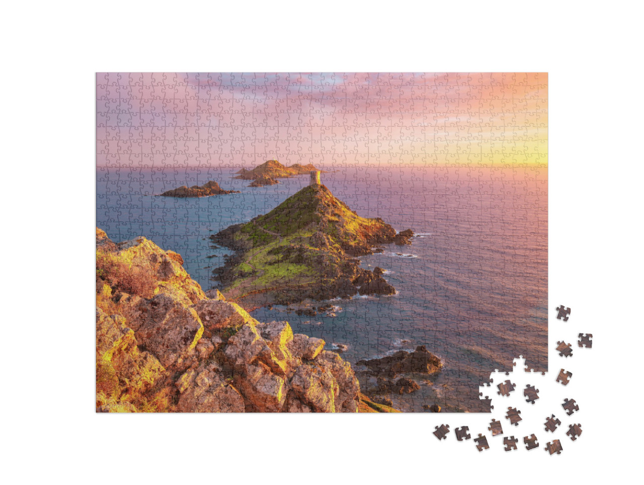 Puzzle 1000 pezzi „Tramonto alla Torra di a Parata con la Torre dei Genovesi, Corsica“