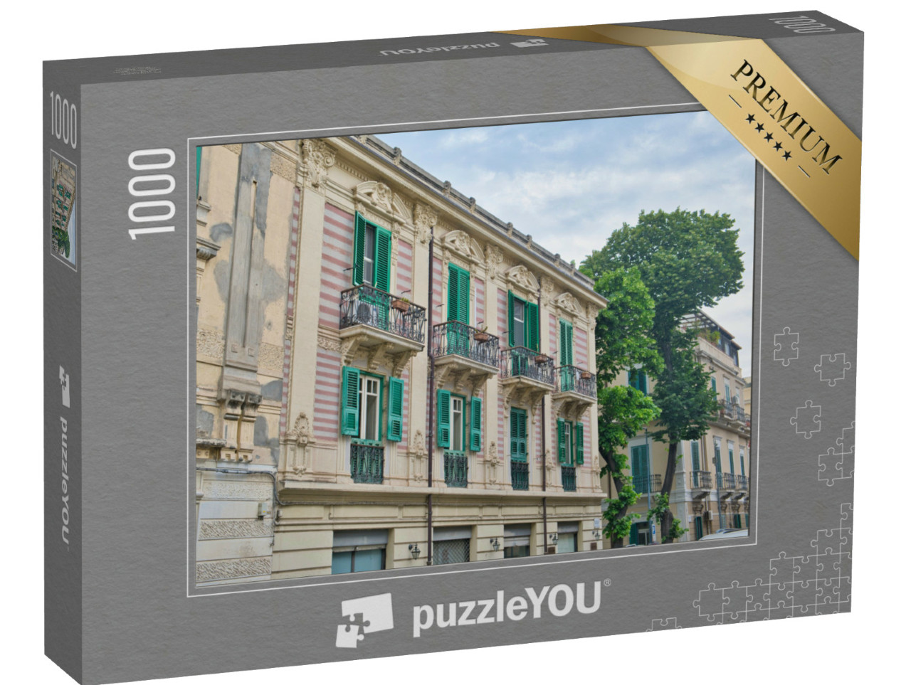 Puzzle 1000 pezzi „Facciata di una tipica casa antica a messina, in sicilia, nel sud dell'Italia“