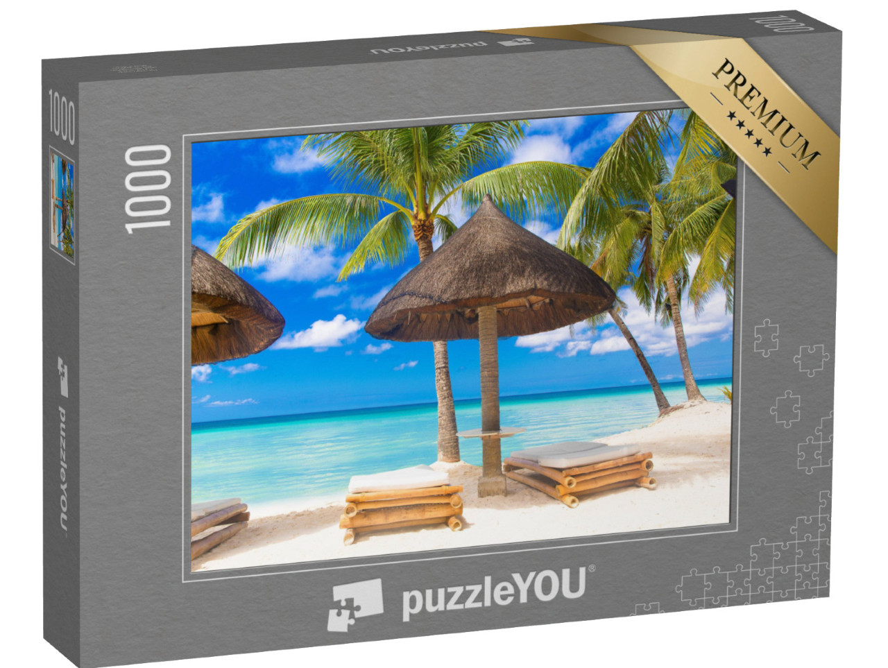 Puzzle 1000 pezzi „Ombrellone e lettini sotto le palme della spiaggia tropicale“