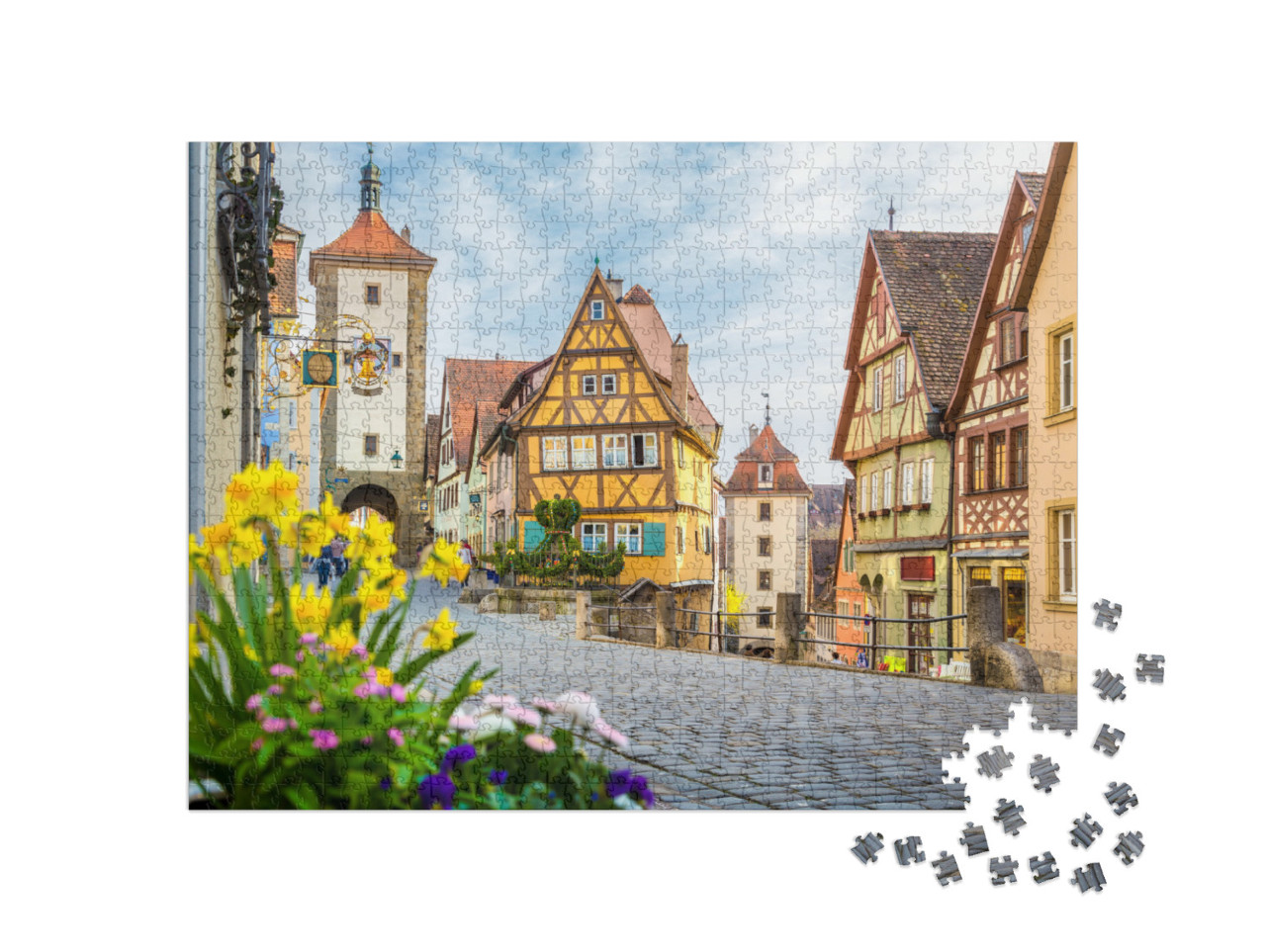 Puzzle 1000 pezzi „Città di Rothenburg ob der Tauber con fiori in fiore, Germania“