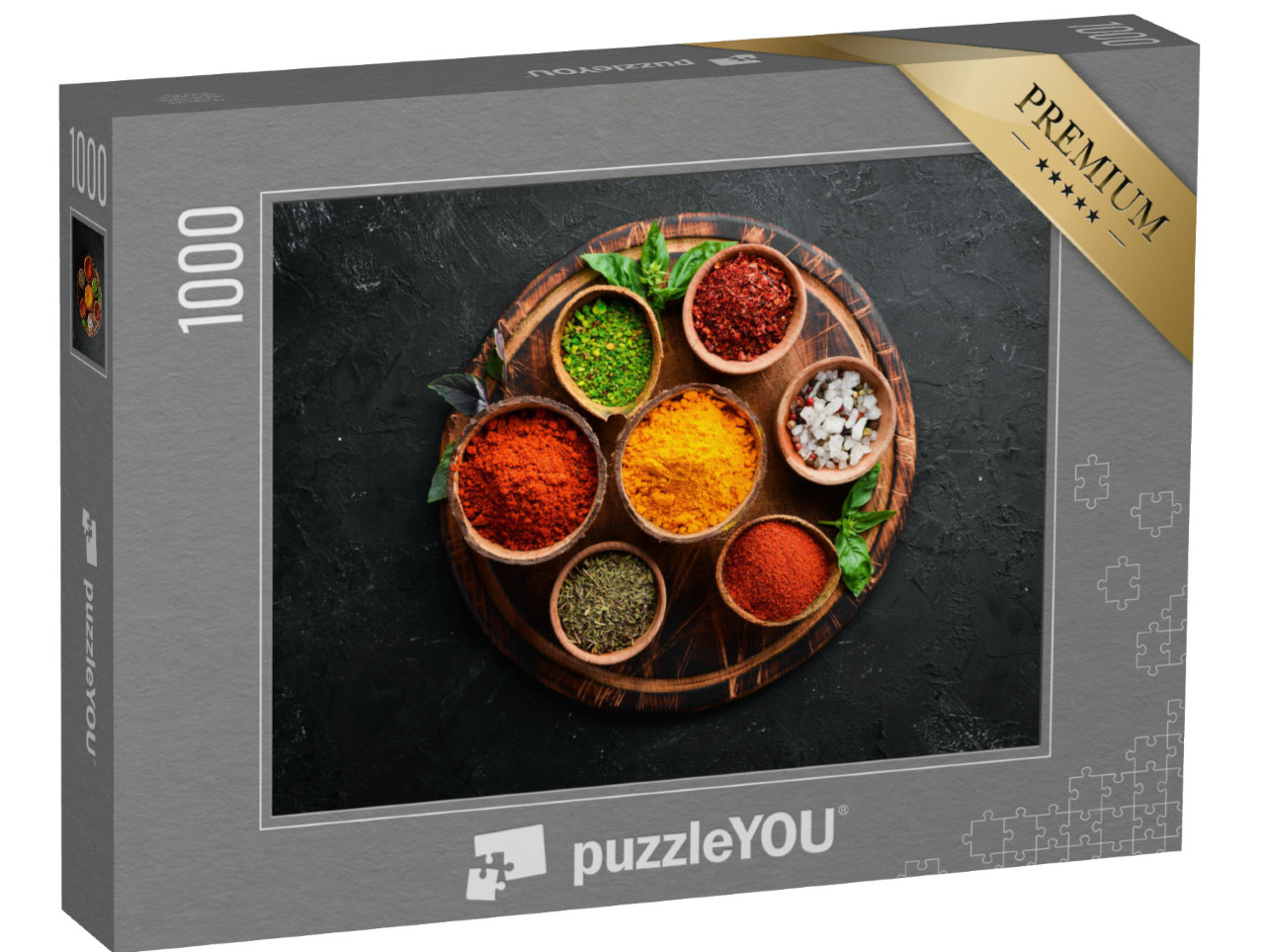 Puzzle 1000 pezzi „Erbe e spezie colorate per cucinare dalla cucina indiana“
