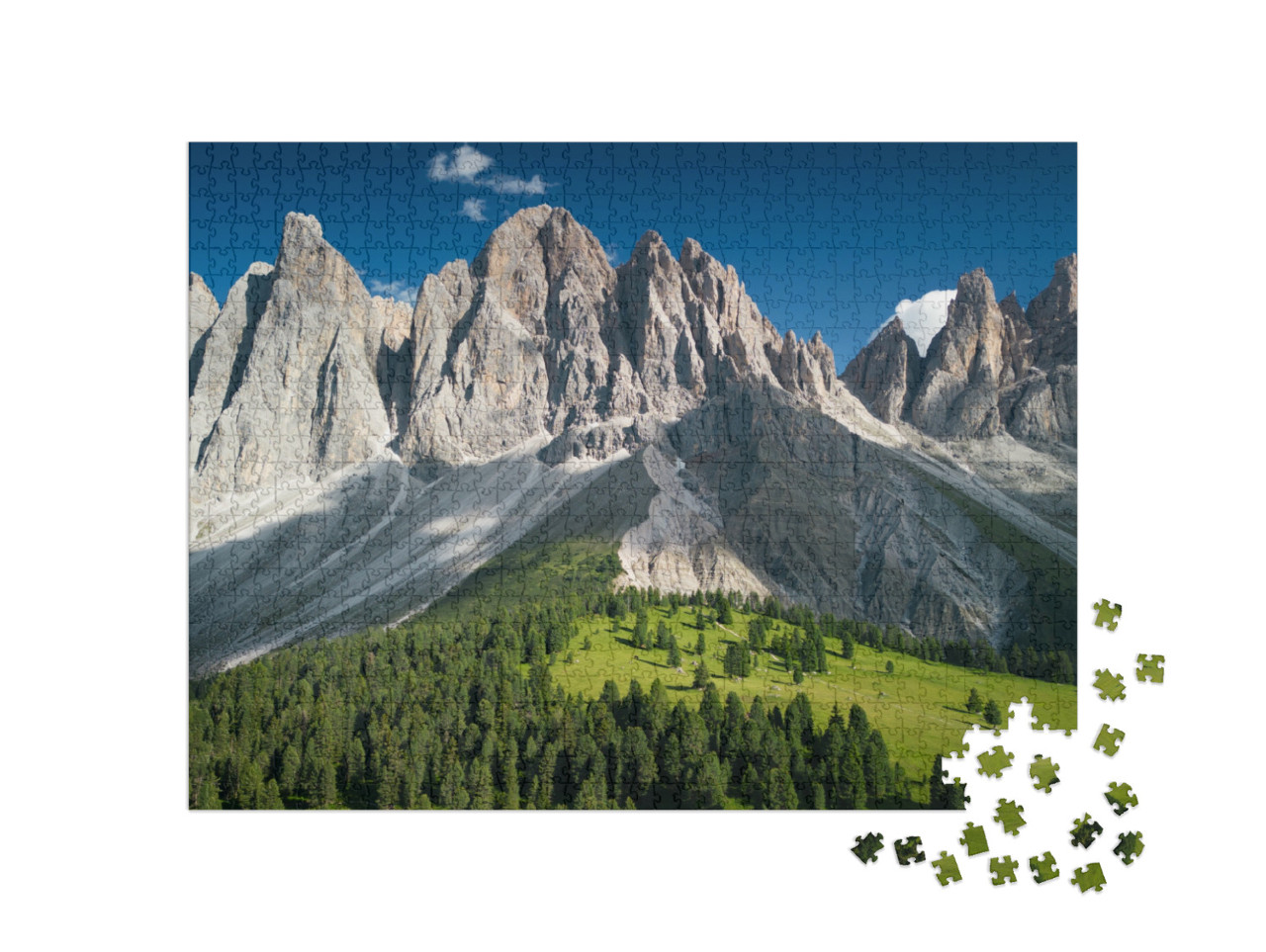 Puzzle 1000 pezzi „Vista del Gruppo delle Odle con rifugio Dolomiti, Italia, Europa“