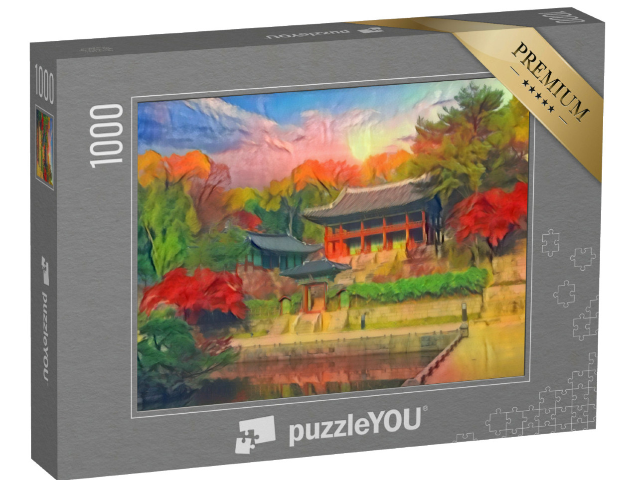 Puzzle 1000 pezzi „nello stile artistico di Franz Marc - Autunno al Palazzo Changdeokgung di Seul, Corea del Sud“