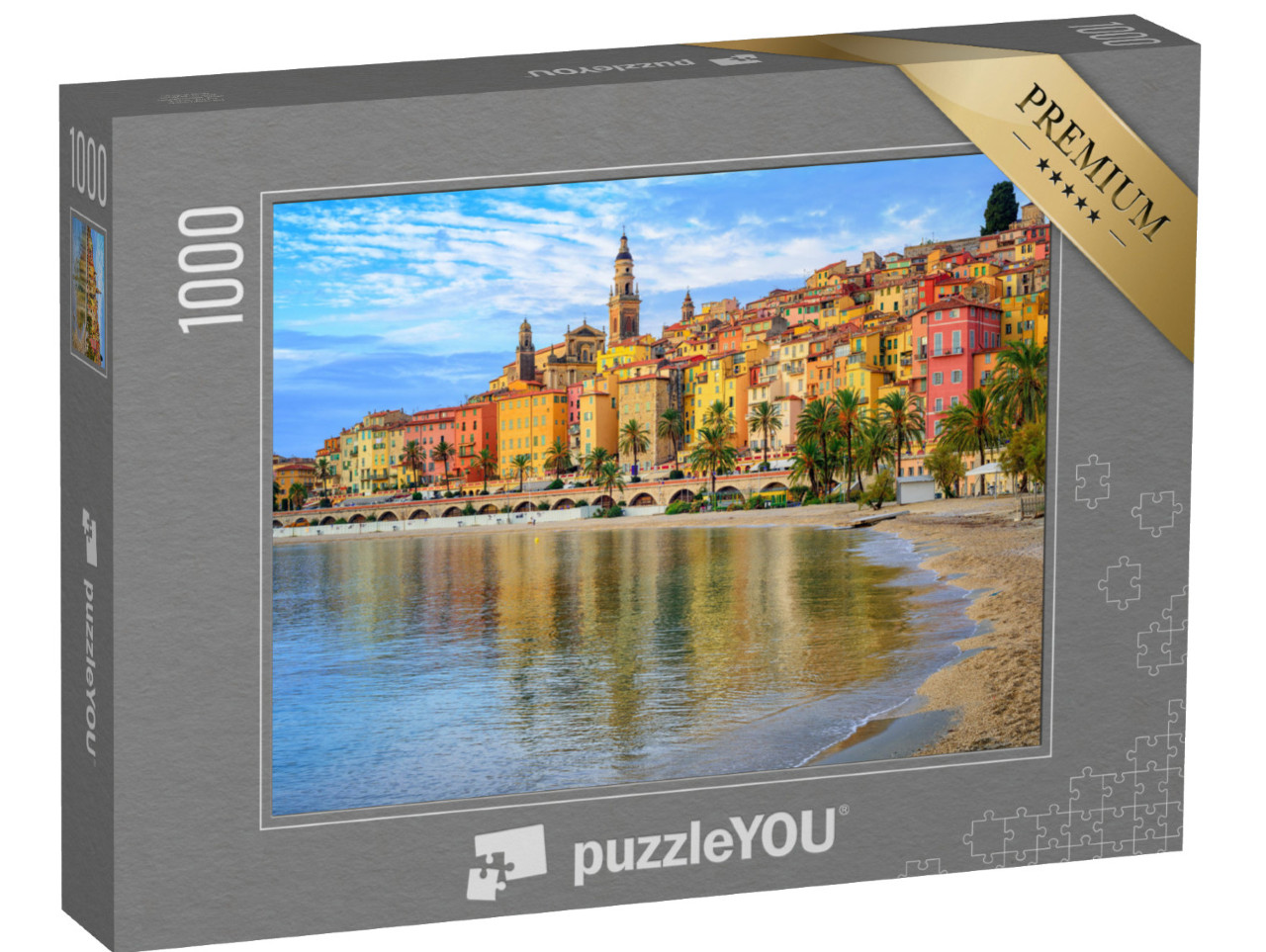 Puzzle 1000 pezzi „Spiaggia sabbiosa sotto la città di Mentone, Costa Azzurra, Francia“