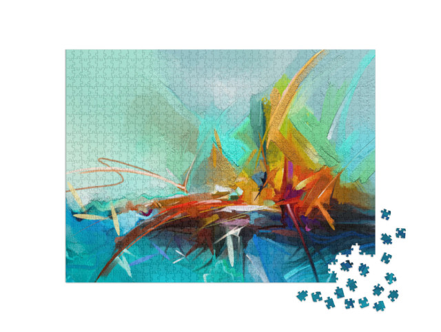 Puzzle 1000 pezzi „Immagine semi-astratta di un paesaggio, pittura a olio in giallo, rosso e blu“