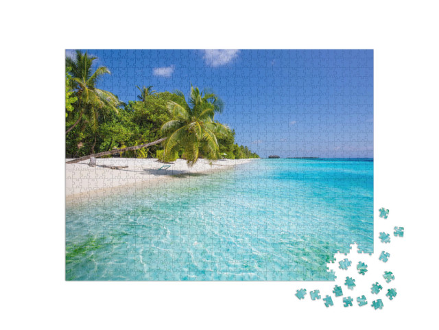 Puzzle 1000 pezzi „Paesaggio estivo: spiaggia tropicale con amaca“