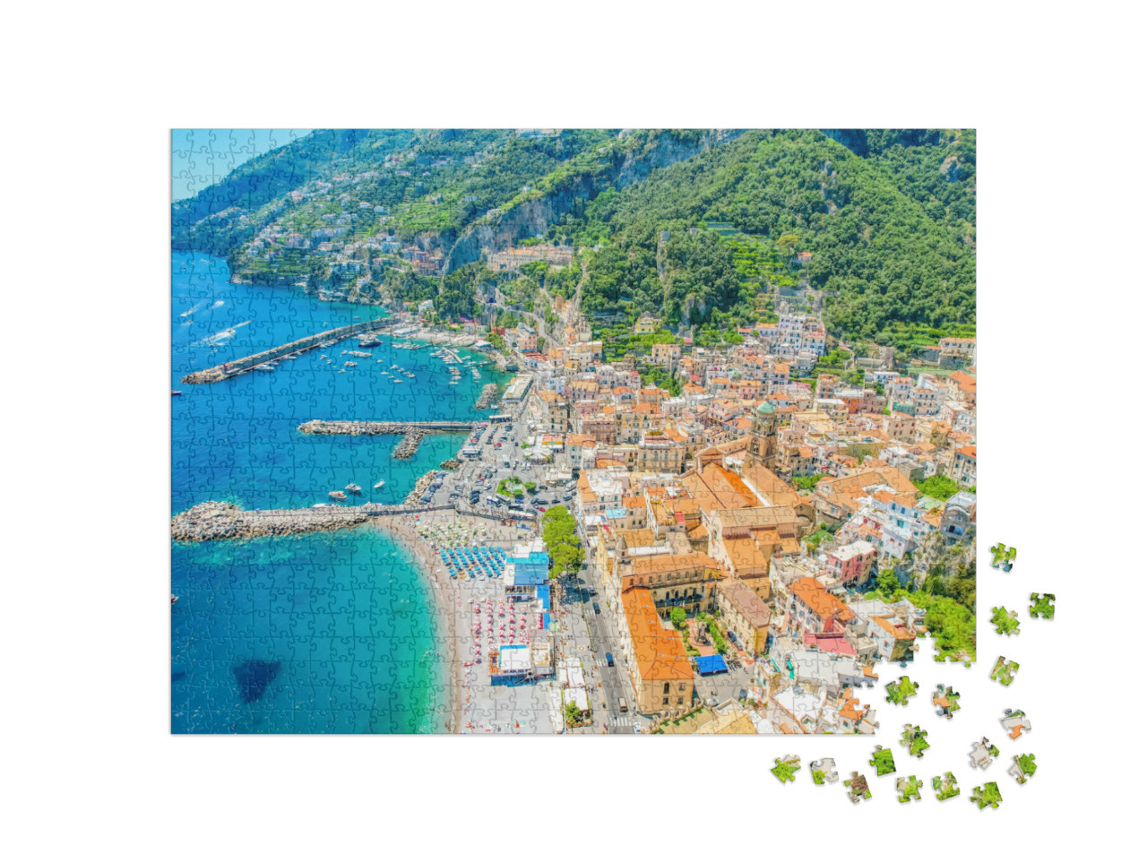 Puzzle 1000 pezzi „Amalfi, sulla Costiera Amalfitana, con l'acqua azzurra e le bellissime case colorate sulle scogliere“
