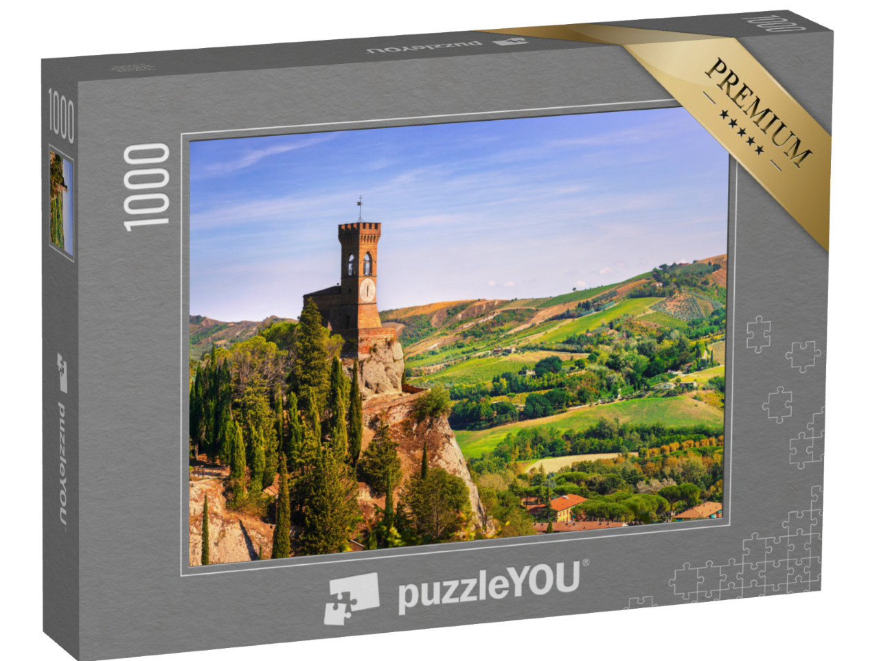 Puzzle 1000 pezzi „La storica torre dell'orologio di Brisighella sulla roccia, regione Emilia Romagna, Italia“