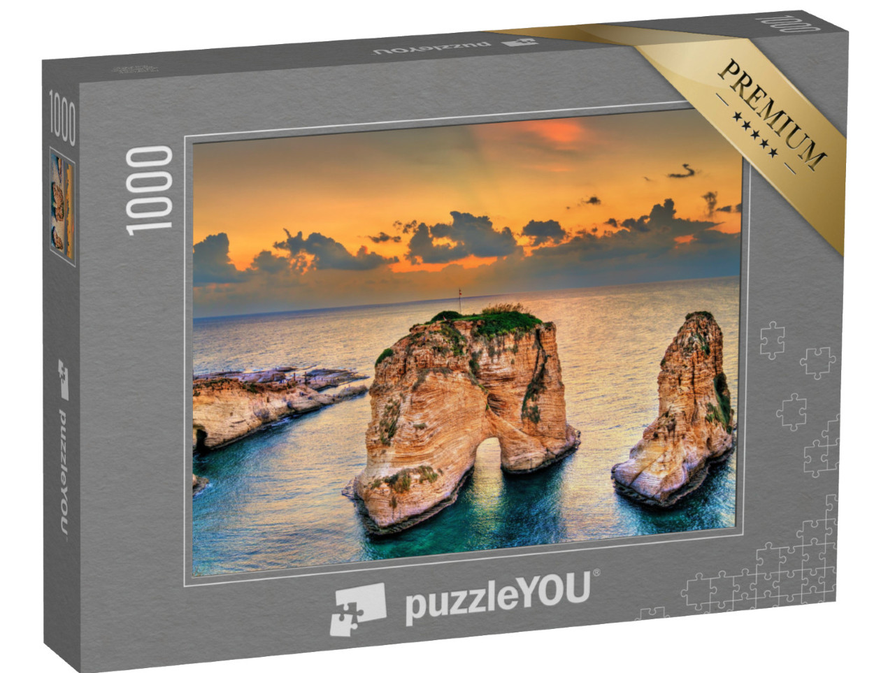 Puzzle 1000 pezzi „Raouche o Pigeons Rocks al tramonto, Beirut, Libano“