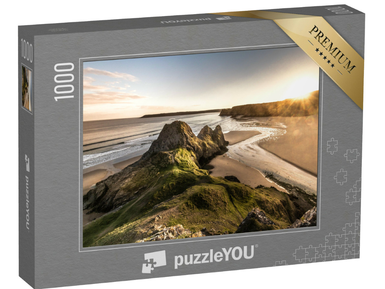 Puzzle 1000 pezzi „Vista panoramica delle Tre Scogliere sulla penisola di Gower, Galles meridionale, Gran Bretagna“