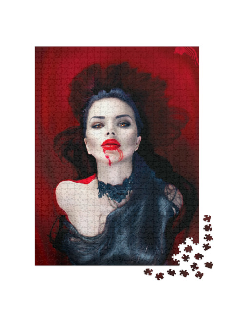 Puzzle 1000 pezzi „Una donna vampiro con i capelli neri e la bocca insanguinata“