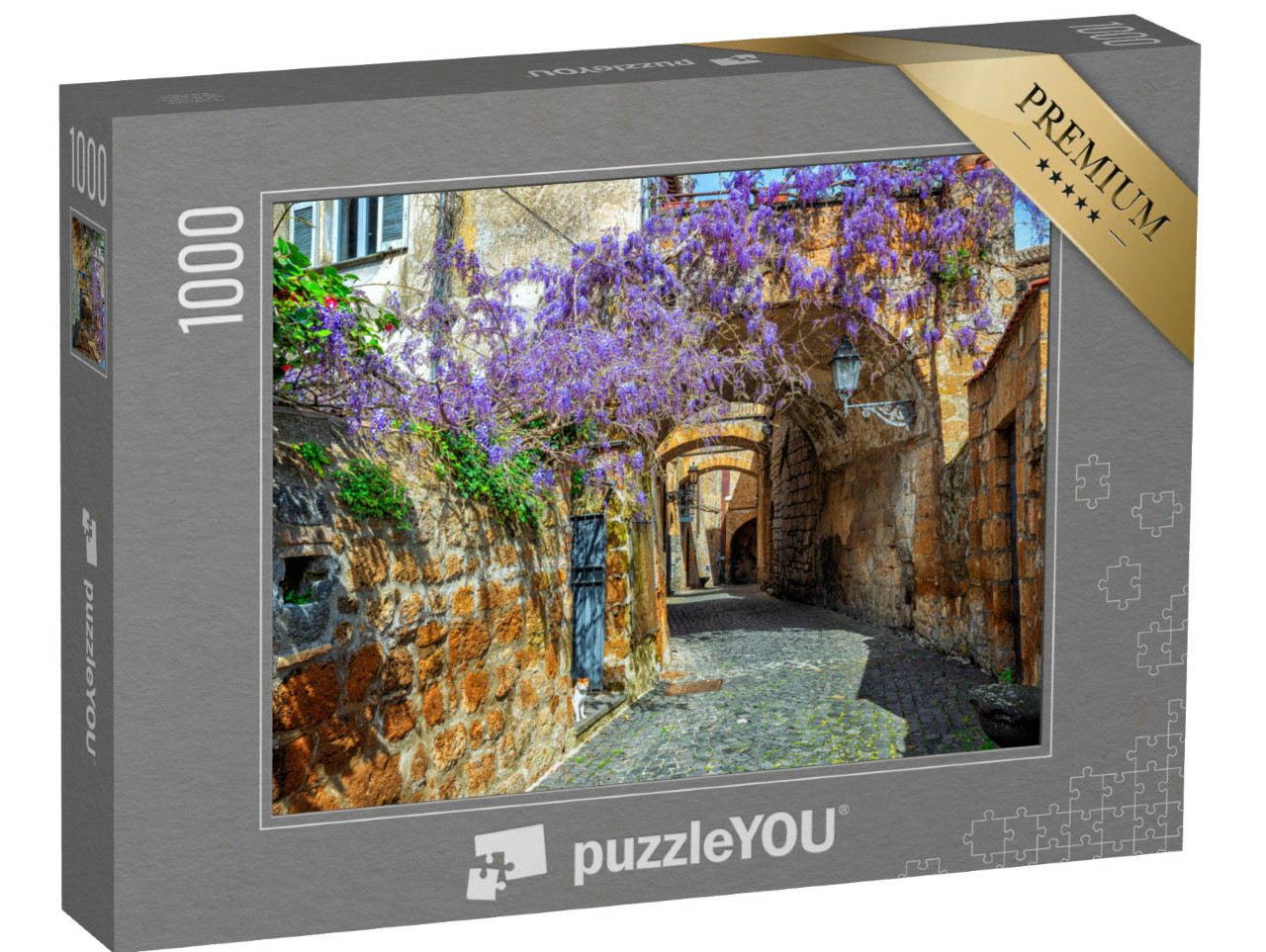 Puzzle 1000 pezzi „Stradina del centro storico di Orvieto, Umbria, Italia, decorata con fiori di glicine in fiore“