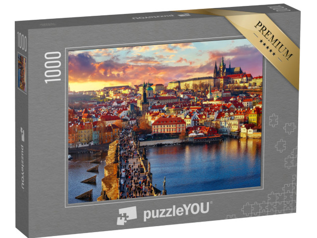 Puzzle 1000 pezzi „Vista panoramica del Ponte Carlo, del Castello di Praga e del fiume dall'alto“