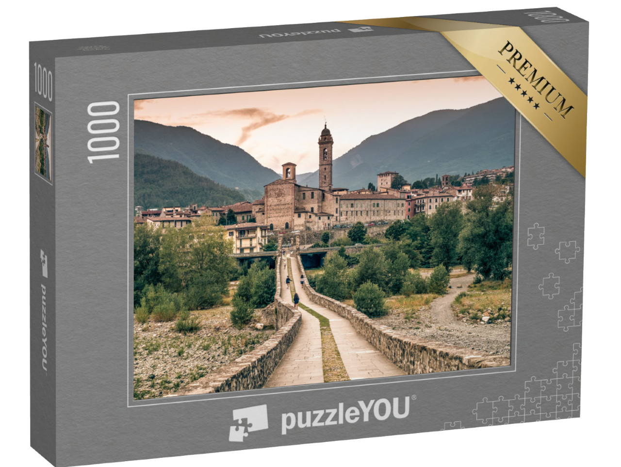 Puzzle 1000 pezzi „Il comune di Bobbio e il suo antico ponte medievale. Bobbio, provincia di Piacenza, Emilia Romagna“