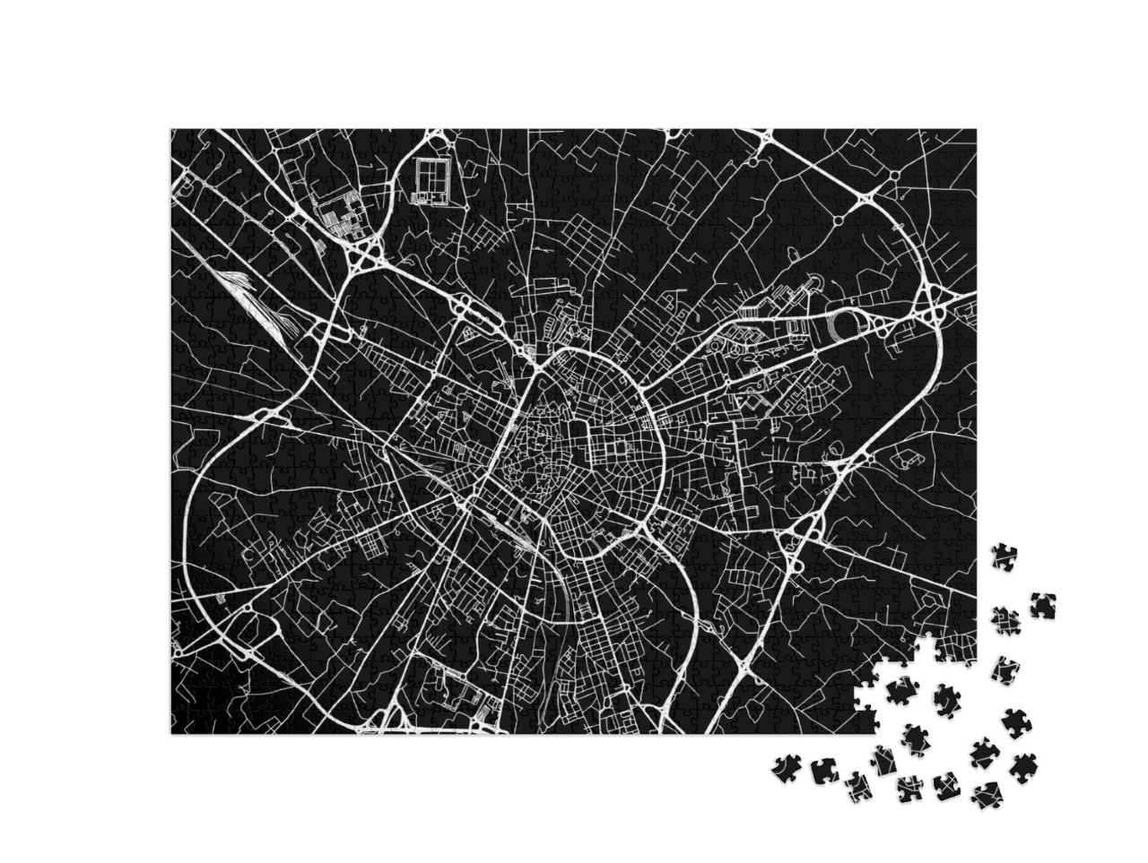 Puzzle 1000 pezzi „Stradale vettoriale in formato quadrato della città di Lecce in Italia con strade bianche su sfondo nero.“