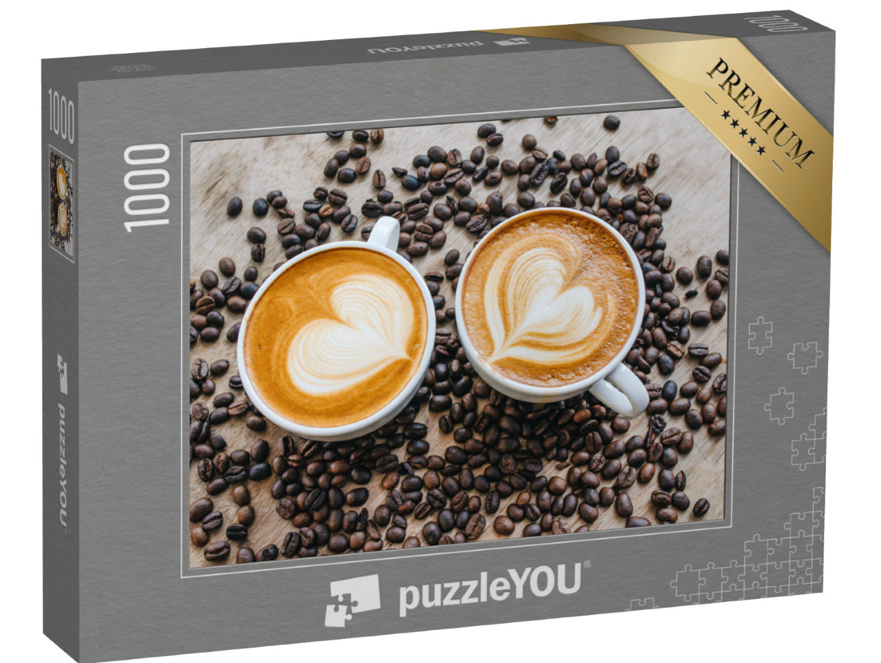 Puzzle 1000 pezzi „Cuori di latte art su due caffè con chicchi di caffè“