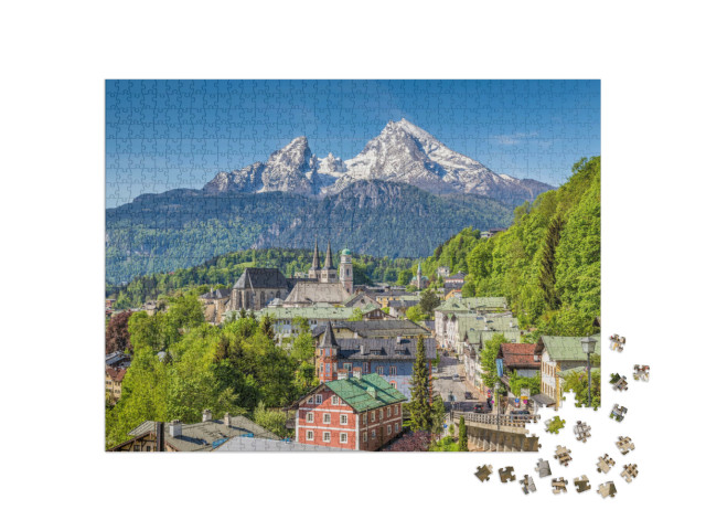 Puzzle 1000 pezzi „La città storica di Berchtesgaden con il Watzmann sullo sfondo, Baviera“