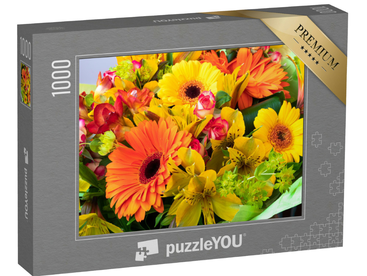 Puzzle 1000 pezzi „Gerbere gialle e arancioni in un bouquet“
