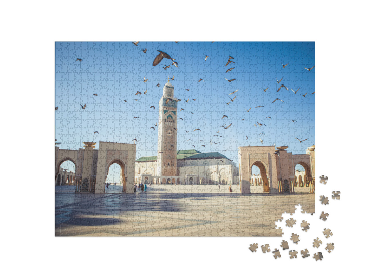 Puzzle 1000 pezzi „Piccioni sopra la moschea di Hassan II a Casablanca, Marocco“