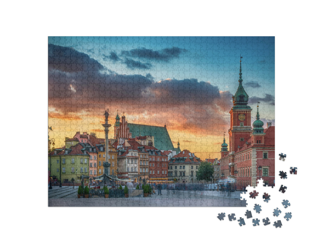 Puzzle 1000 pezzi „Centro storico di Varsavia: Castello, case cittadine e colonna, lunga esposizione“