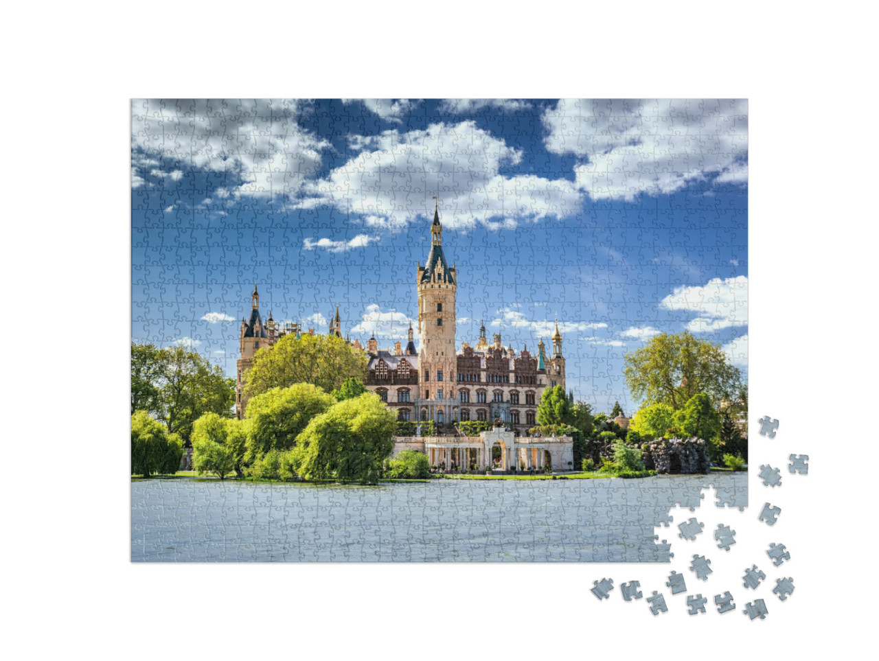 Puzzle 1000 pezzi „Castello di Schwerin, circondato da laghi e foreste“