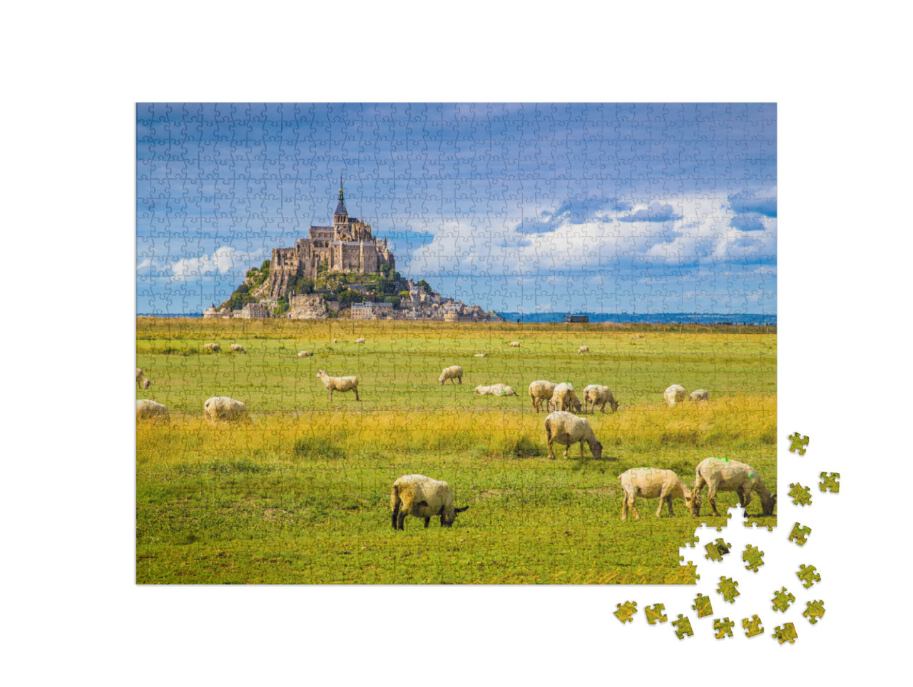 Puzzle 1000 pezzi „Le Mont Saint-Michel con pecore su prati verdi, Normandia, Francia“