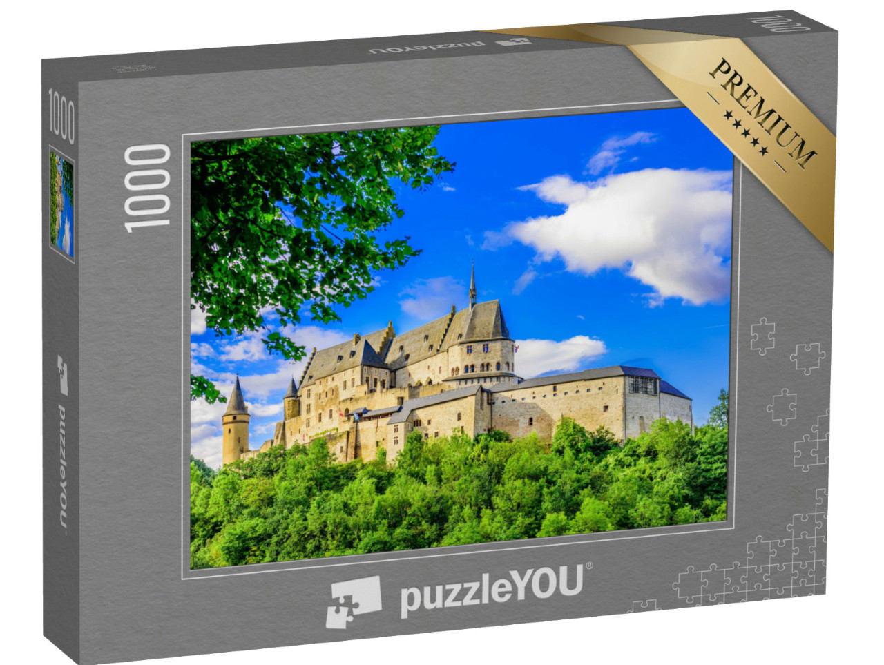 Puzzle 1000 pezzi „Il castello di Vianden e la città di Vianden, Lussemburgo“