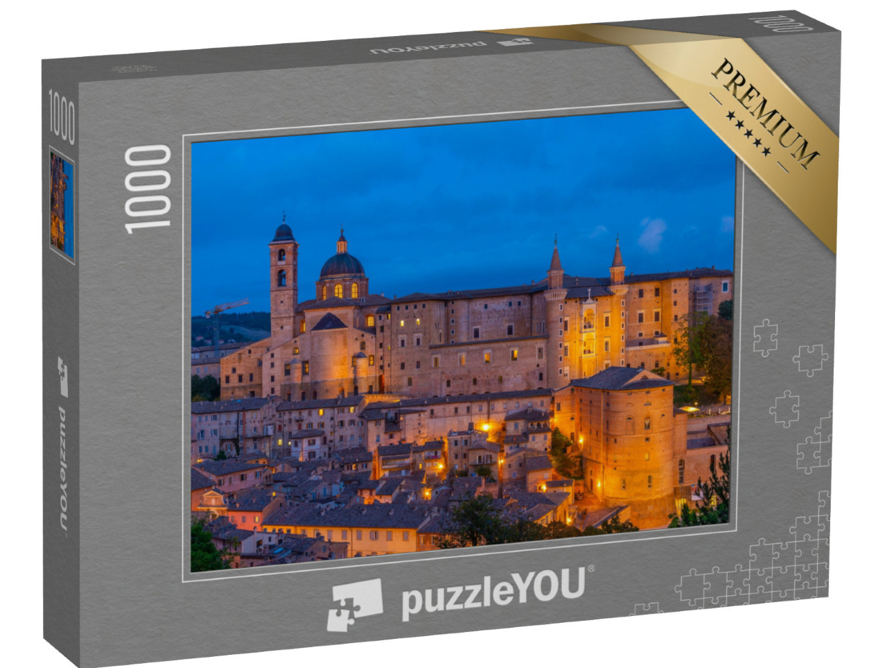 Puzzle 1000 pezzi „Vista al tramonto del paesaggio urbano di Urbino, Italia.“